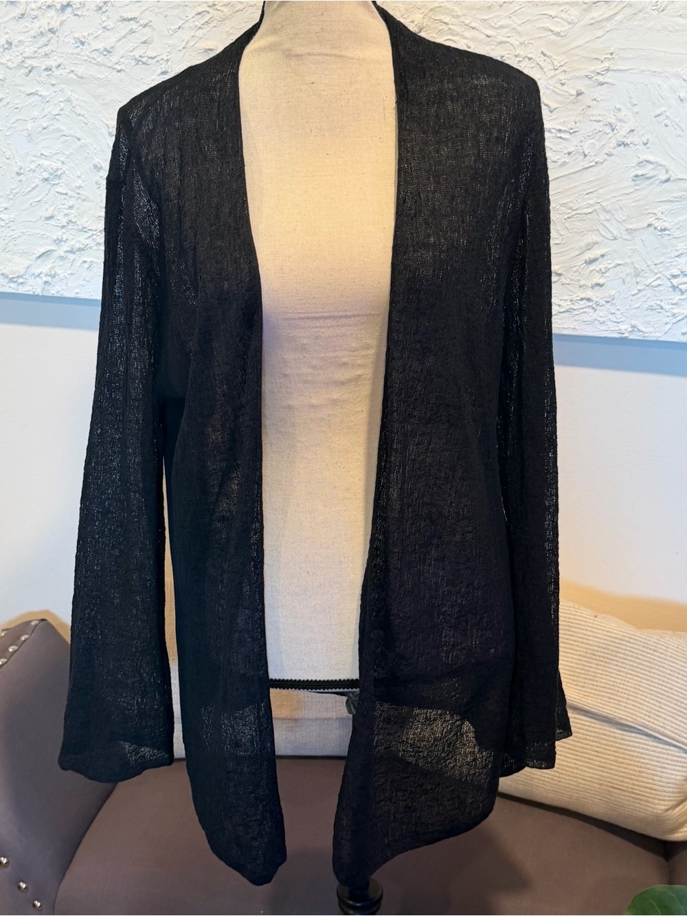 Eileen Fisher 100% Organic Linen Open Front Cardigan Open Knit Womens Black Sz M